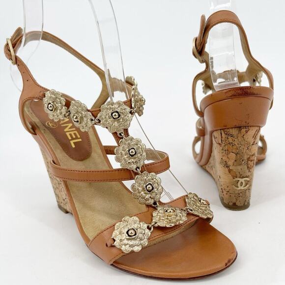Chanel EU 37 2012 Cruise Tan Leather Camellia Flower T-Strap Cork Wedge Sandals - Picture 2 of 16